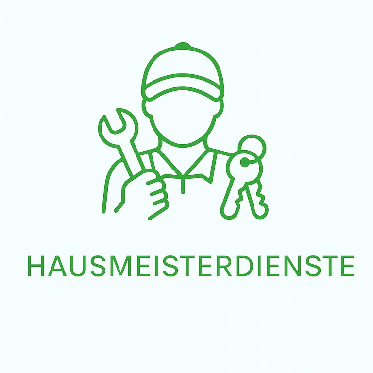 Symbol eines Hausmeisters mit Werkzeug und Schlüsseln, darunter der Text "HAUSMEISTERTDIENSTE".